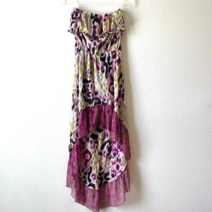Sweet Pea Stacy Frati Dress Strapless Ruffle High Low Floral Green Purple Size S